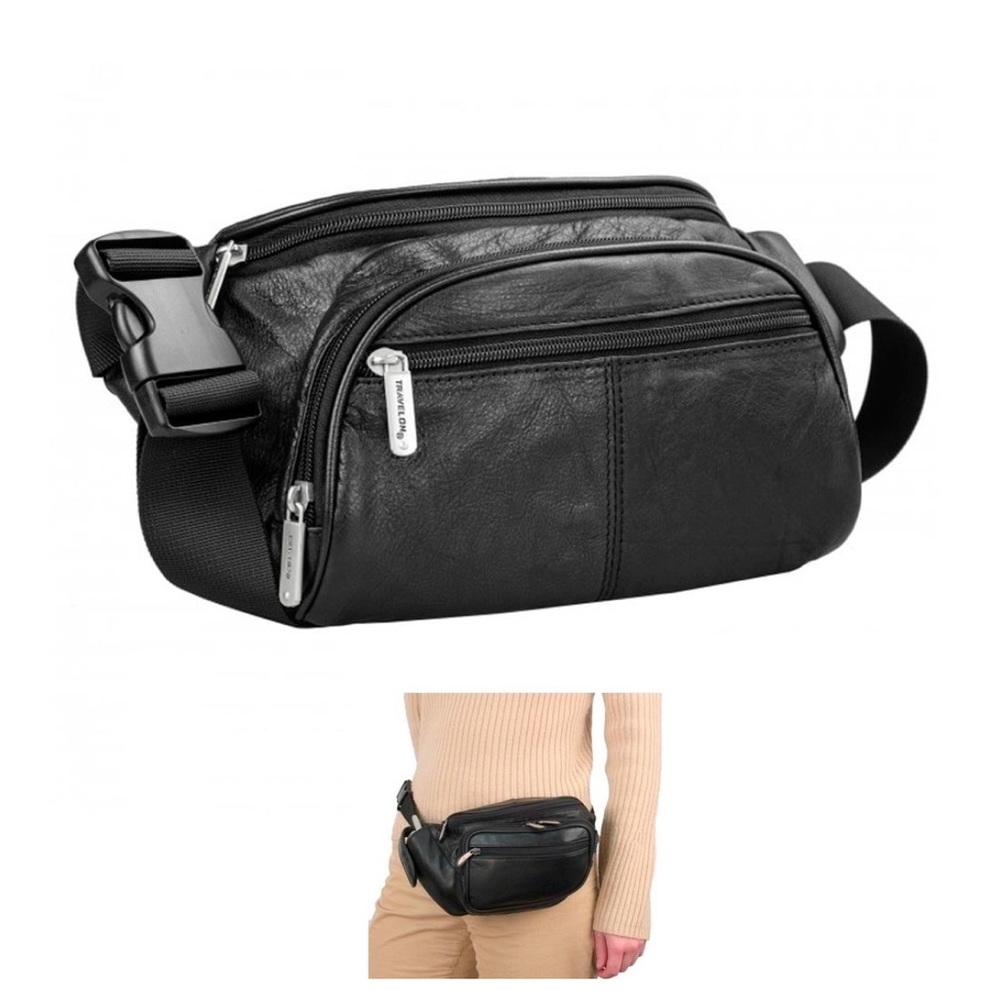 Travelon Leather Waist Fanny Pack Travel RFID Blocking Pouch Belt Bag Black